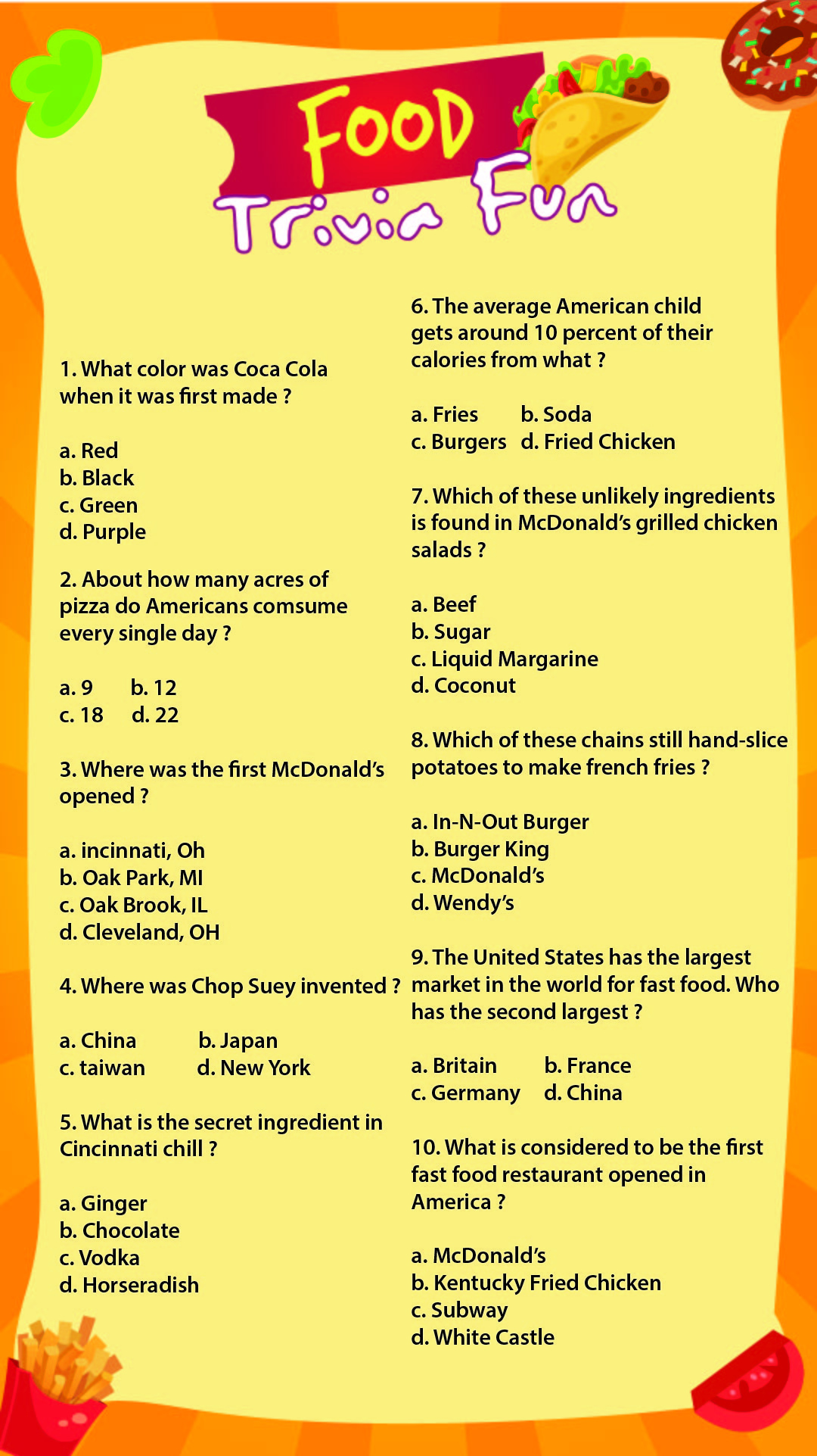 Printable Food Trivia Questions And Answers