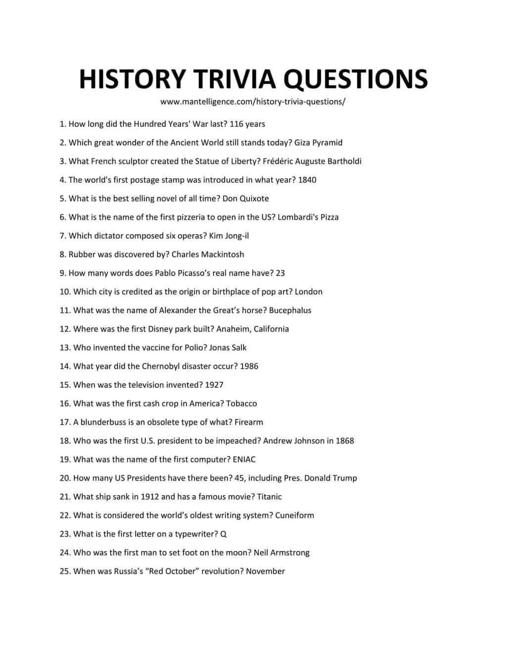 History Trivia Questions Trivia Questions And Answer