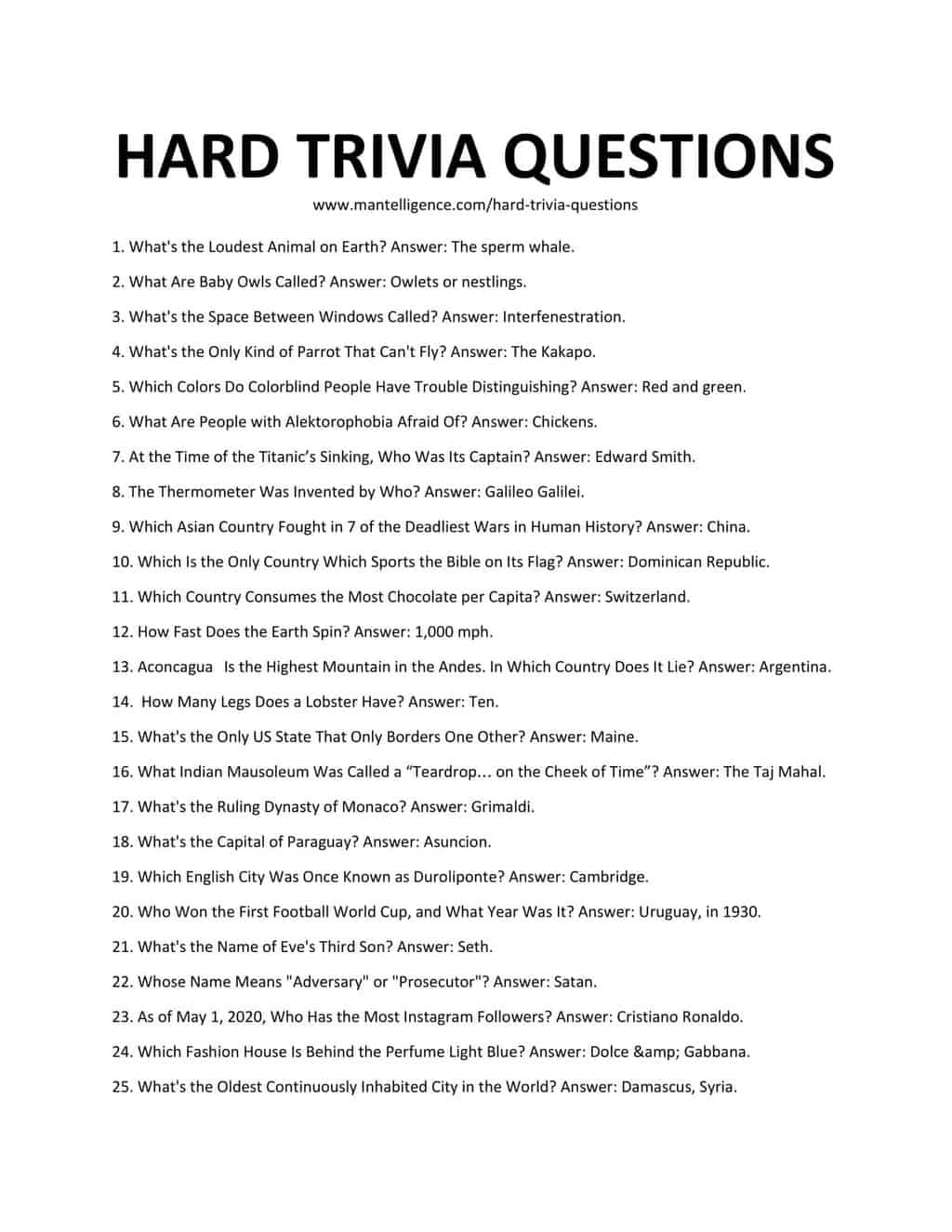 Hard Trivia Questions And Answers Printable