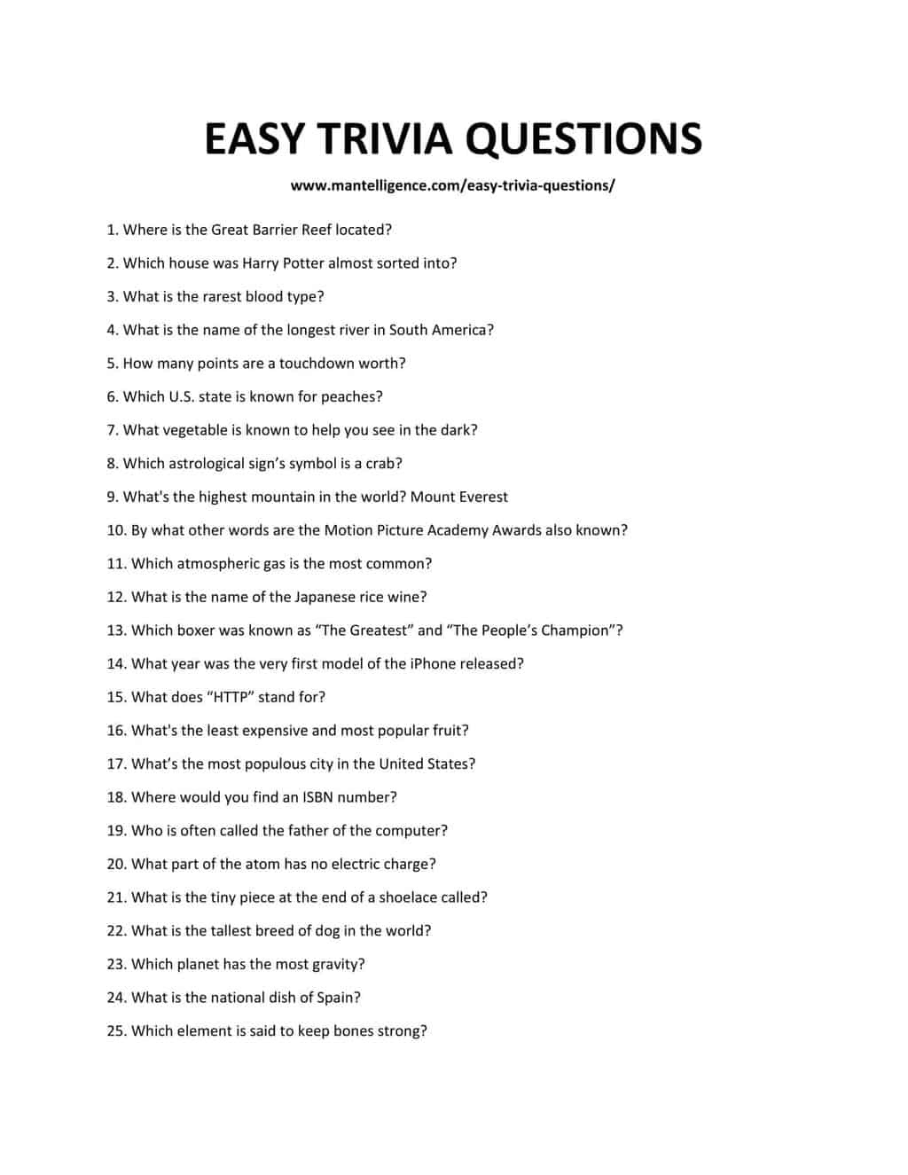 Easy Trivia Questions Trivia Questions And Answer