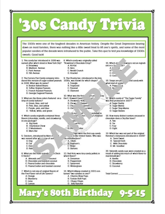 1930s Candy Trivia Printable GamePersonalize For Birthdays