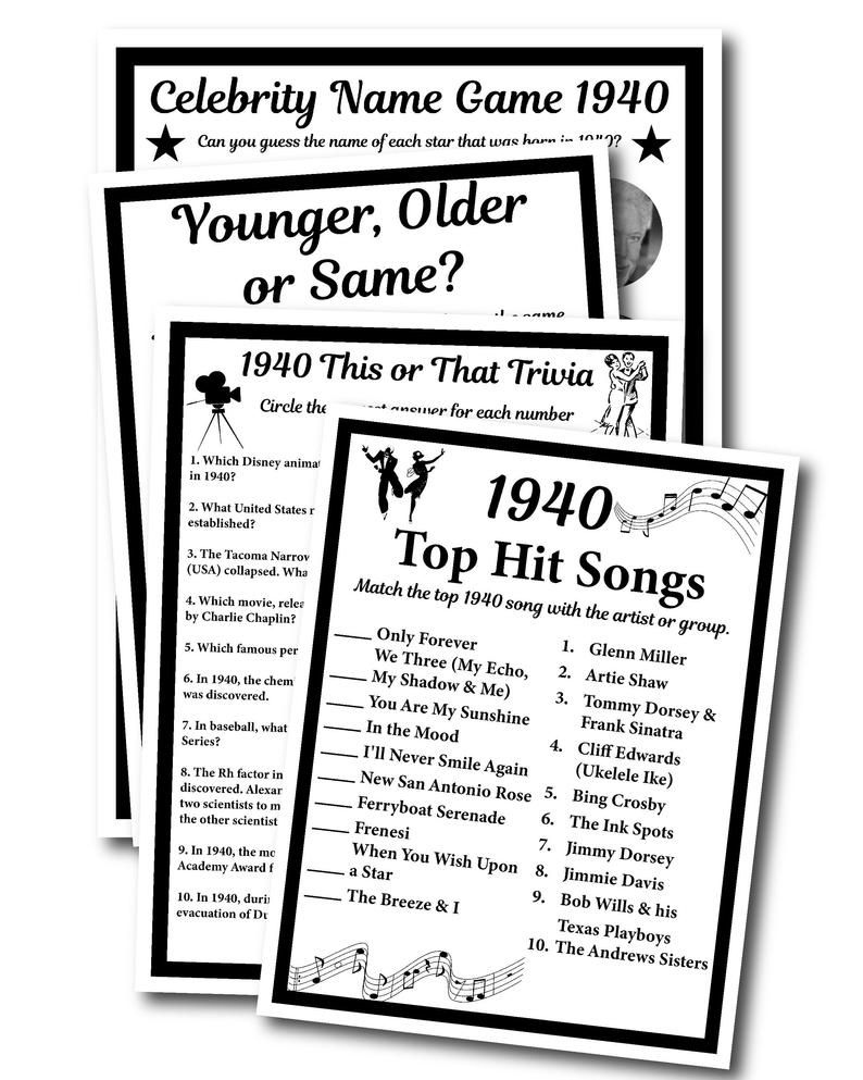 1940 Birthday Trivia Game 1940 Birthday Parties Fun Game Etsy 1940 