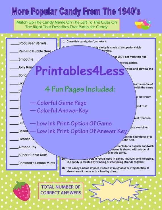 1940s Candy Games Trivia Printable Trivia Games For Adults