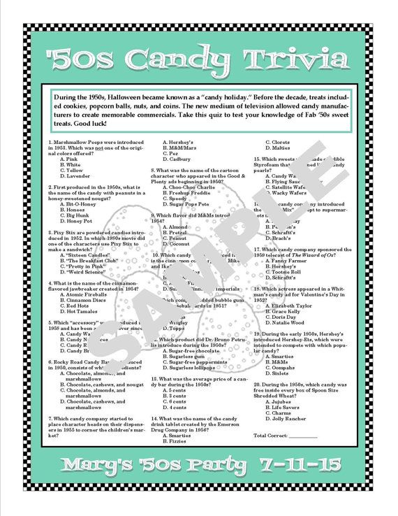 1950s Candy Trivia Printable Game Personalize For Birthdays 