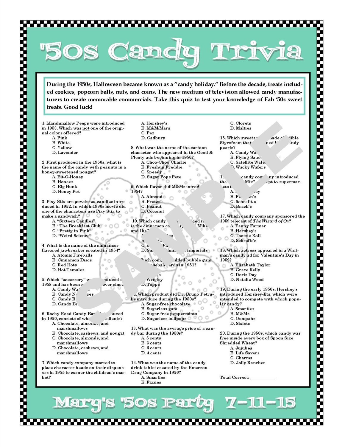 1950s Candy Trivia Printable GamePersonalize For Birthdays