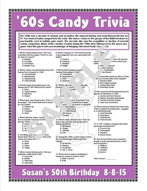 1960s Candy Trivia Printable Game Personalize For Birthdays 