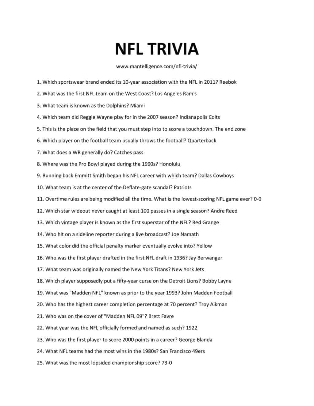 NFL Trivia Questions With Answers