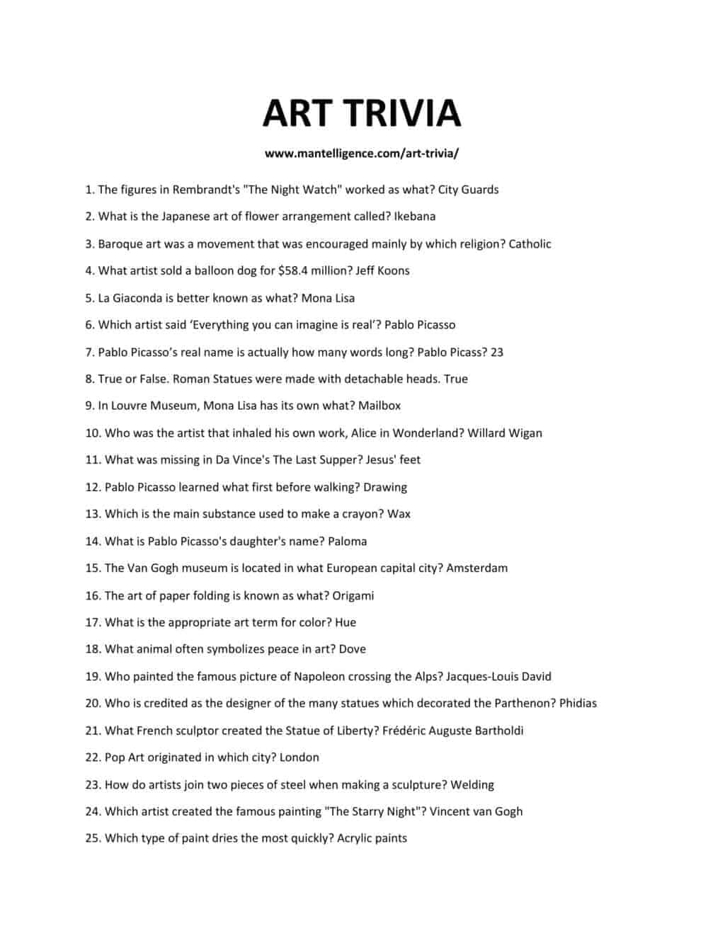 36 Best Art Trivia Questions And Answers This Is The Only List You ll 