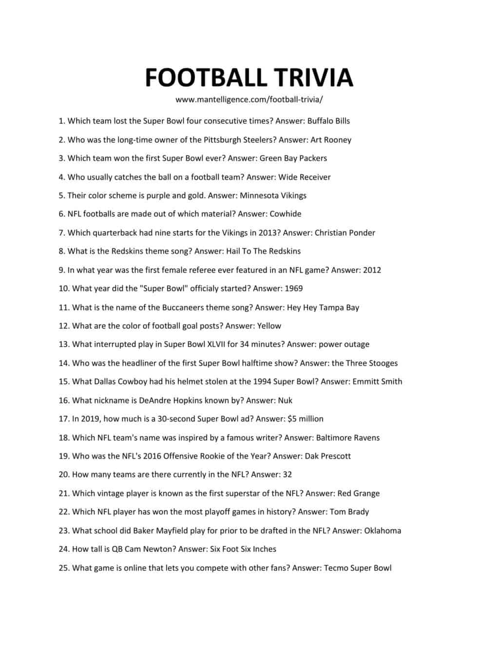 Football Trivia Questions Trivia Questions and Answer