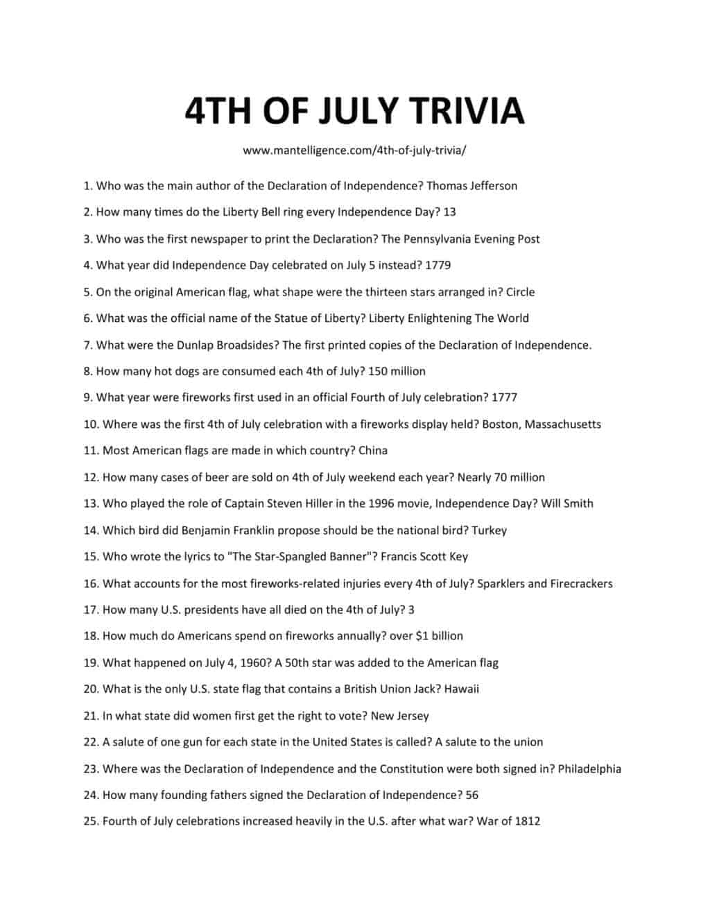 4Th Of July Trivia Questions July 4th Patriotic Printables 4th Of 