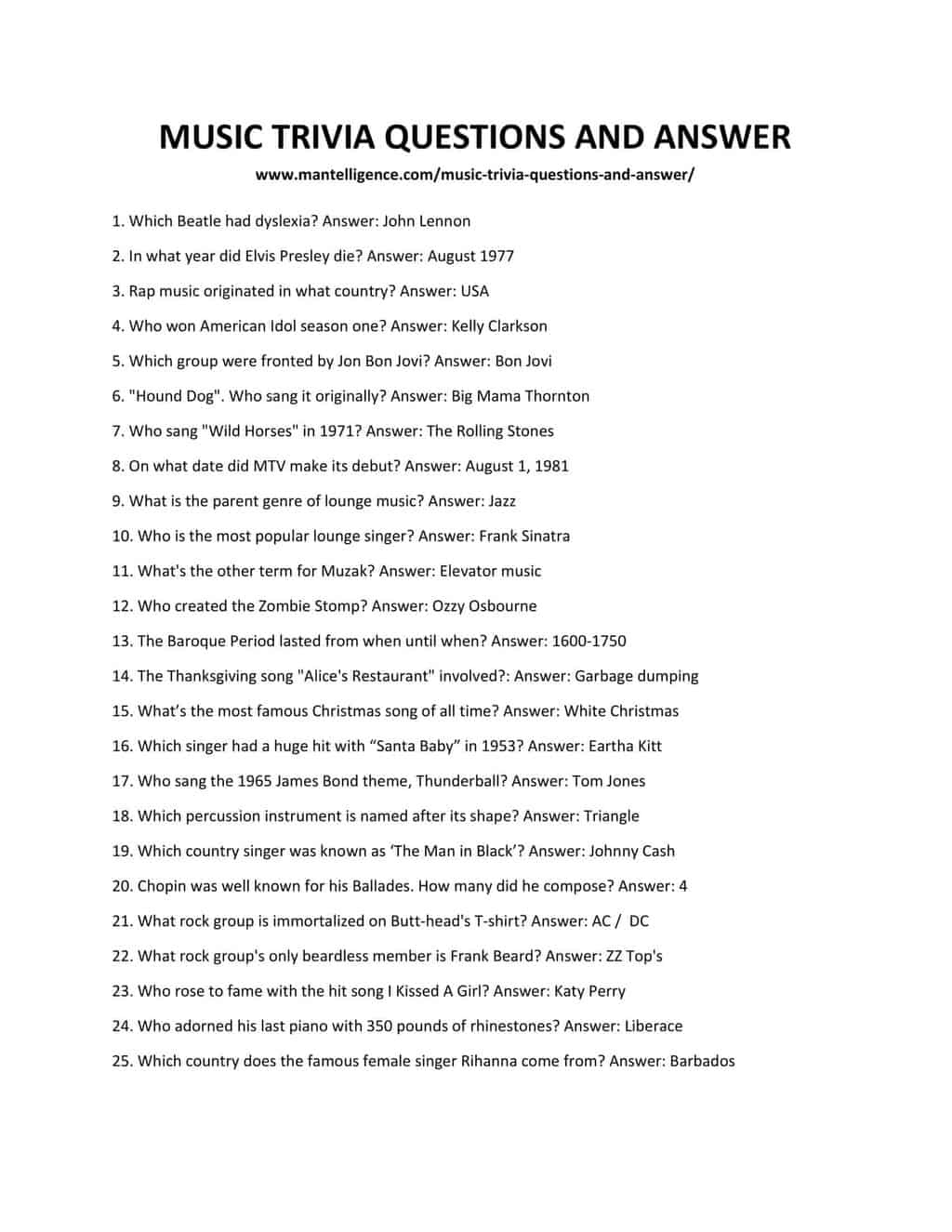 Music Trivia Questions And Answers Printable