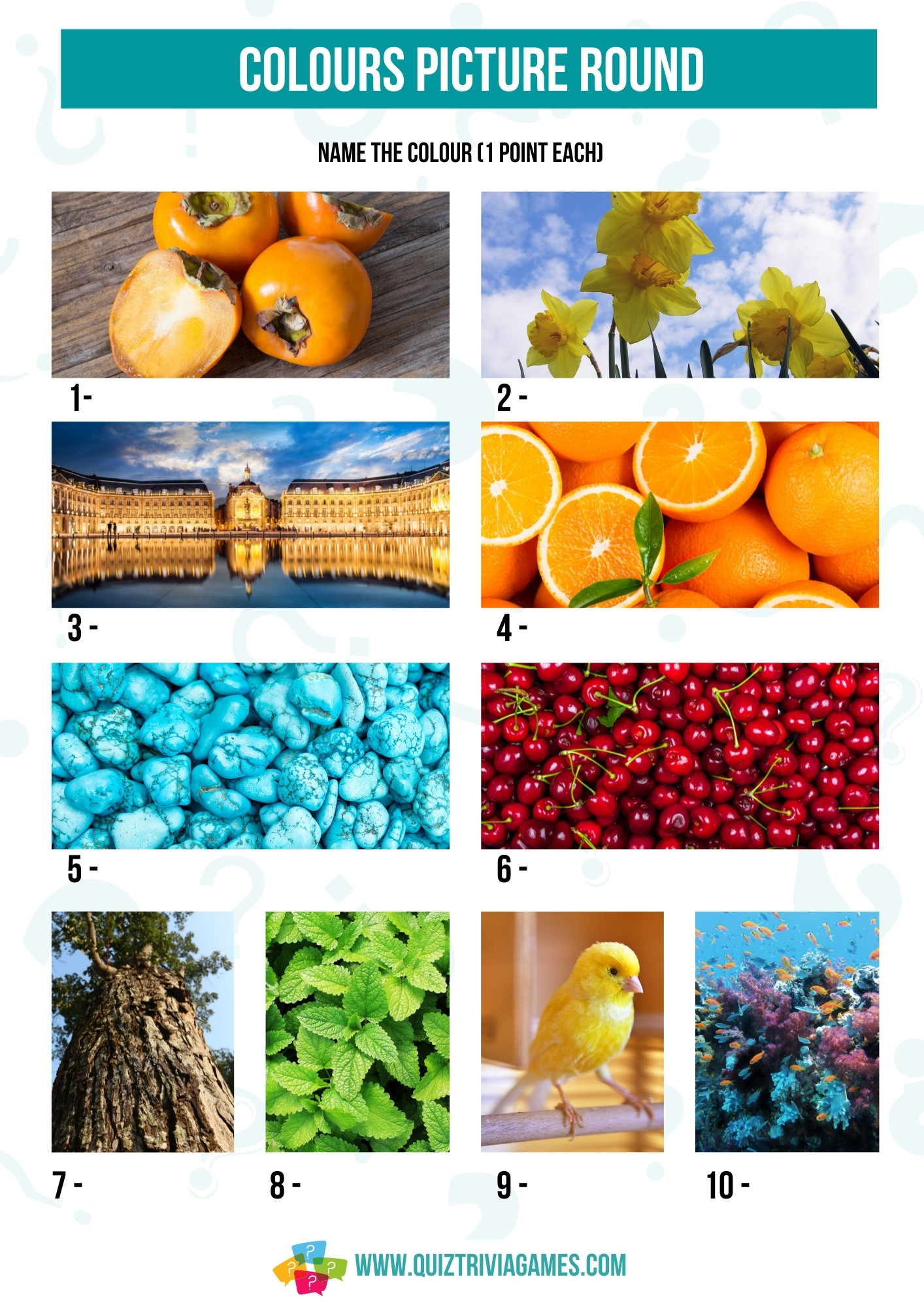 55 Colour Quiz Questions Answers inc Picture Round Quiz Trivia Games