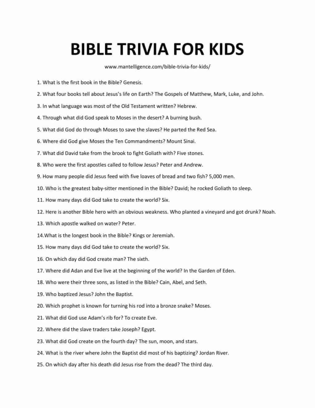 Bible Trivia For Kids Printable With Answers