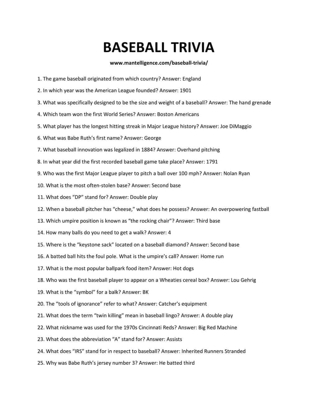 Baseball Trivia Questions