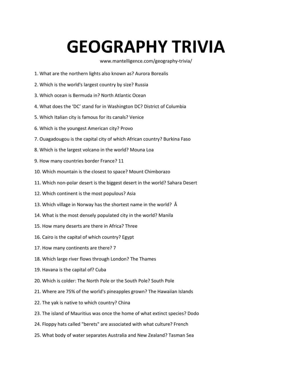 Geography Trivia With Answers Printable
