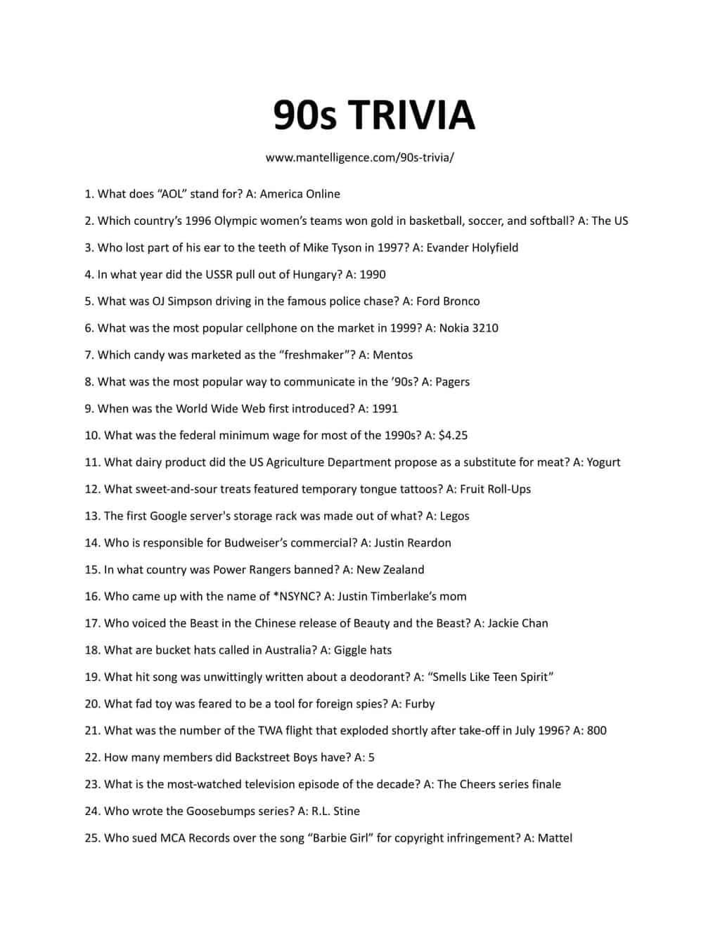 90s Trivia Questions And Answers