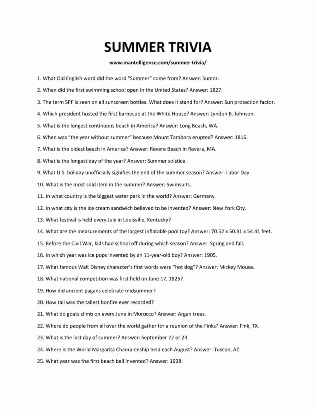 Free Printable Summer Trivia With Answers