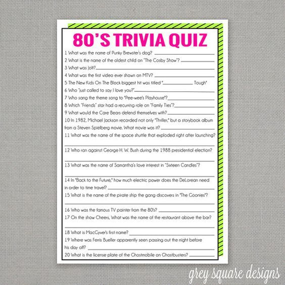 80 s Trivia Quiz Game 80s Birthday Parties 80s Party Trivia Quiz