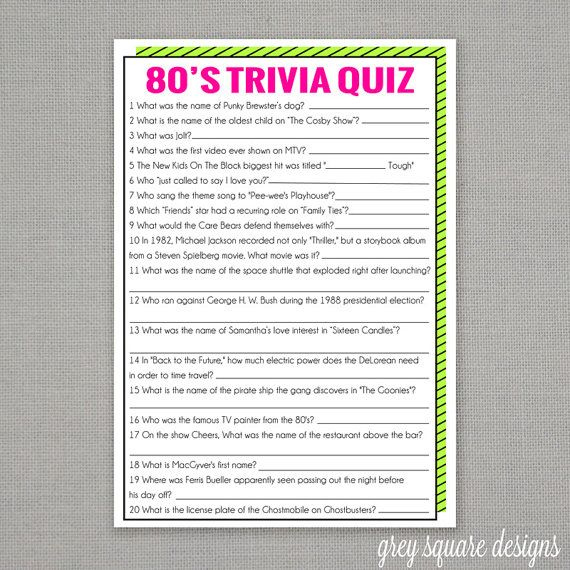 80 s Trivia Quiz Game 80s Party 80s Birthday Parties 80s Theme Party