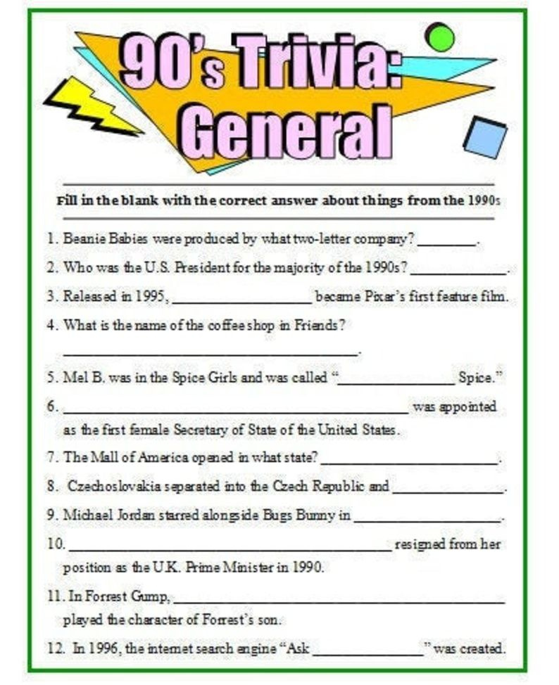 90 s Theme Trivia Pack Of 50 Questions Questions Cover Etsy This Or 