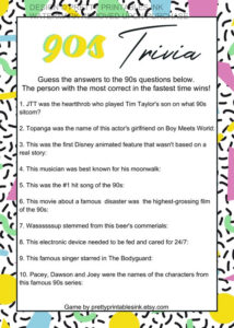 90s Trivia Game Printable Girls Night Game Virtual Party Game