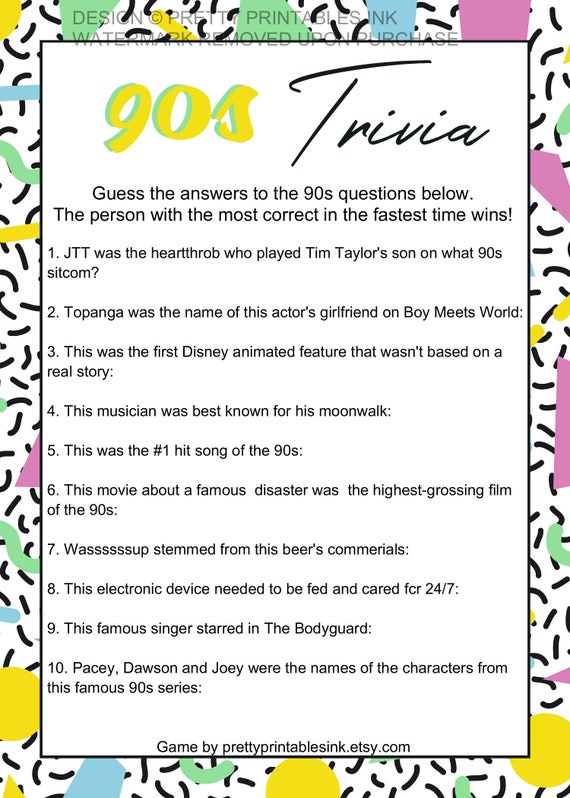 90s Trivia Game Printable Girls Night Game Virtual Party Game 