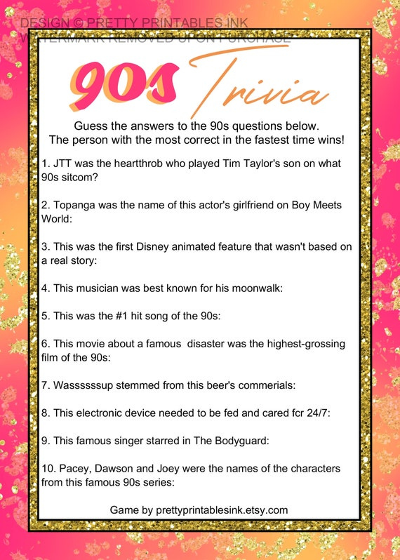 90s Trivia Game Printable Virtual Girls Night Game Girls Night In 