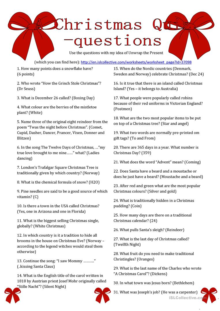 A Christmas Quiz Questions English ESL Worksheets For Distance 