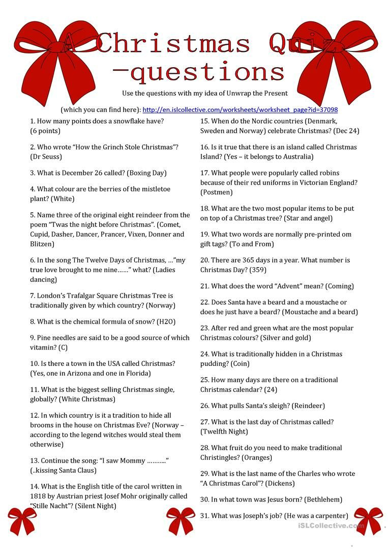 A Christmas Quiz Questions Worksheet Free Esl Printable Worksheets 