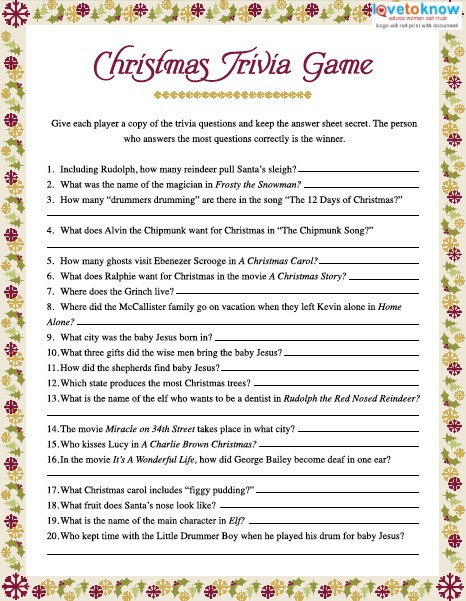 Adult Christmas Trivia Worksheets