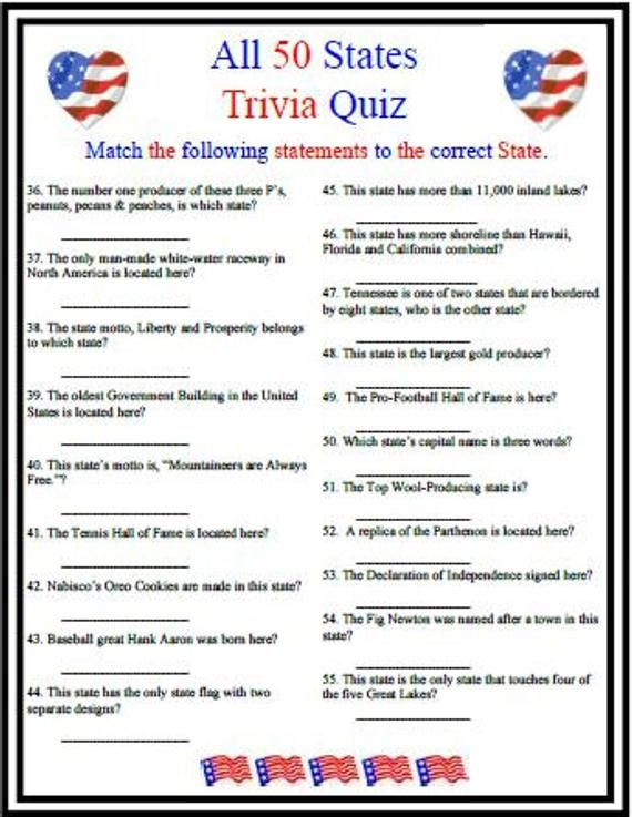 All 50 States Trivia Trivia For Seniors Trivia Questions And Answers 