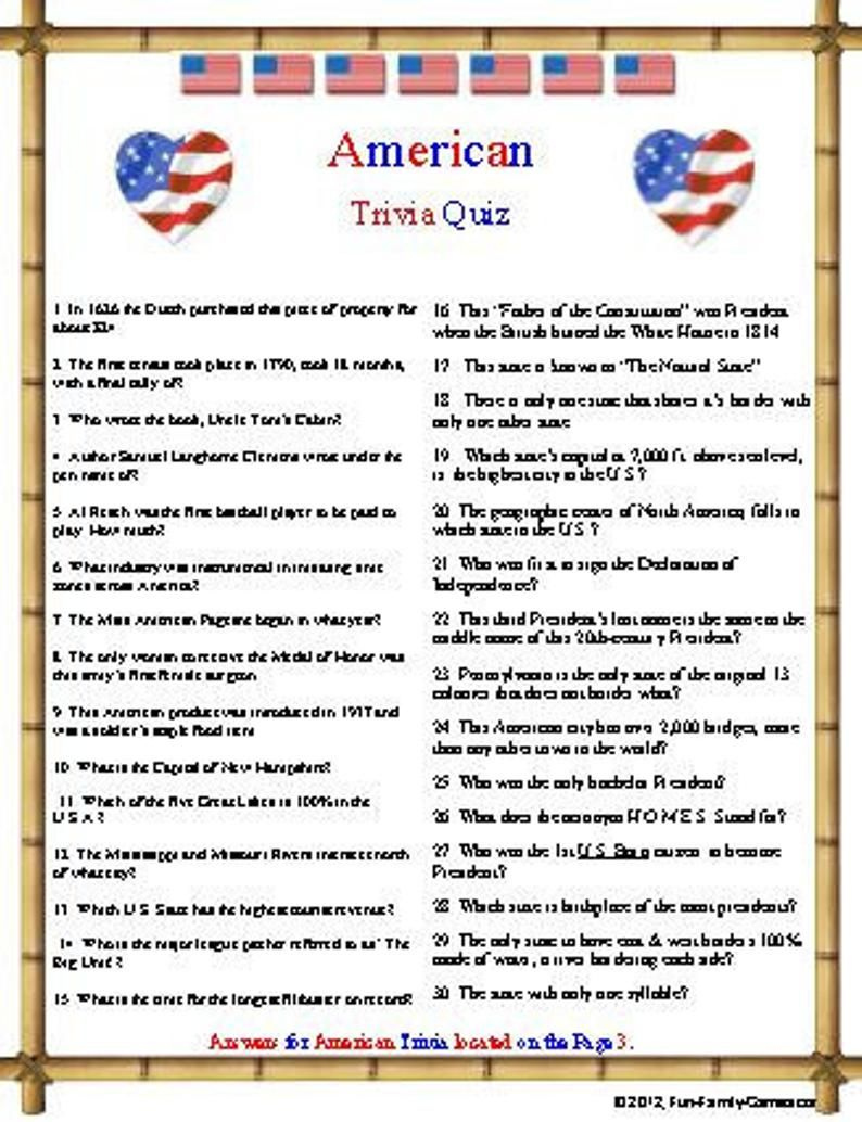 American Trivia Quiz Etsy In 2020 Trivia Quiz 4th Of July Trivia 
