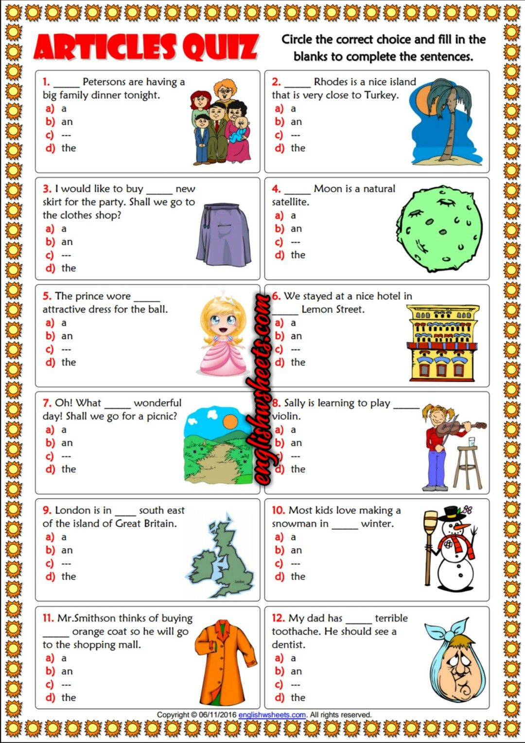 Articles ESL Printable Multiple Choice Quiz For Kids Articles For 