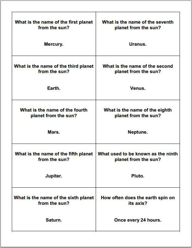 Astronomy And Planets Printable Trivia Question Cards Space Trivia 