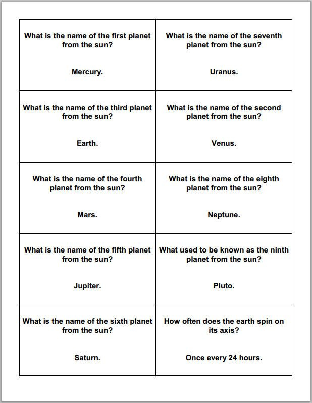 Astronomy And The Planets Trivia Cards Student Handouts Space 