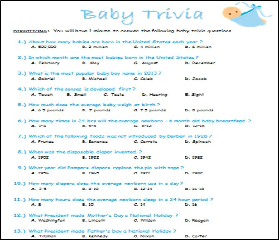  Baby Trivia Baby Shower Game Word Document I Made To Print Out To 