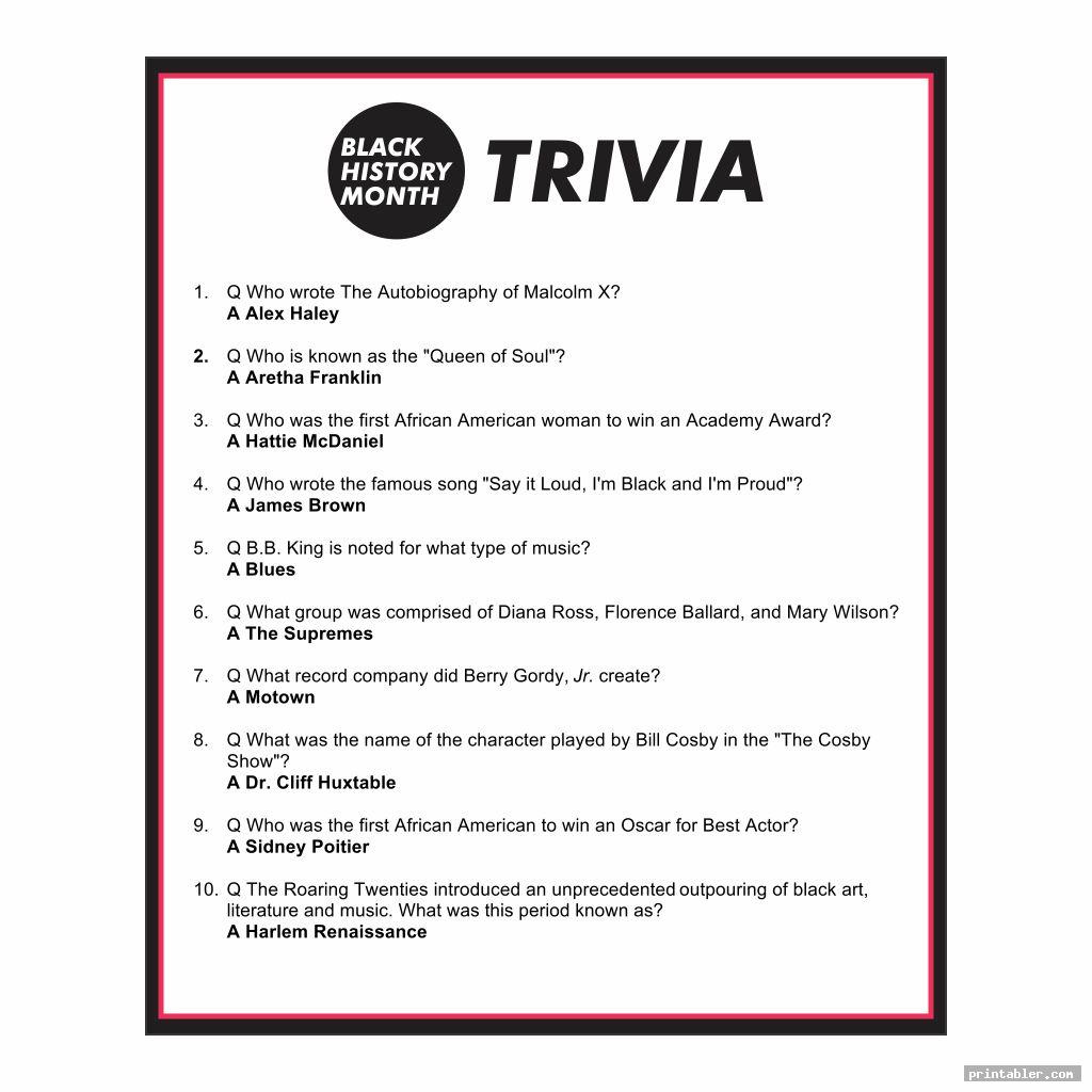 Black History Month Trivia Printable Gridgit | Trivia Questions and Answer