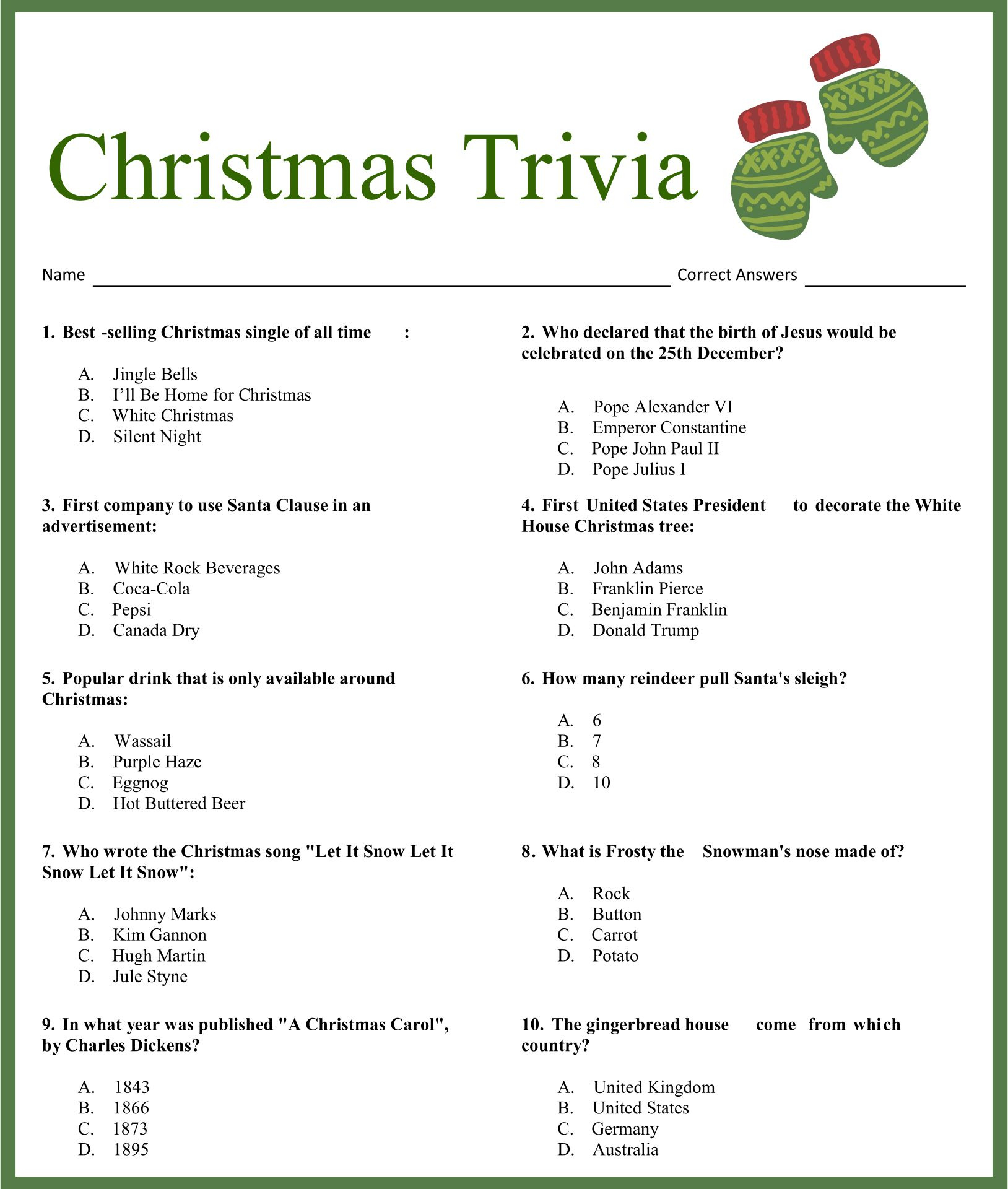 Christmas Carol Trivia Printable The Players Will Have To Choose The 