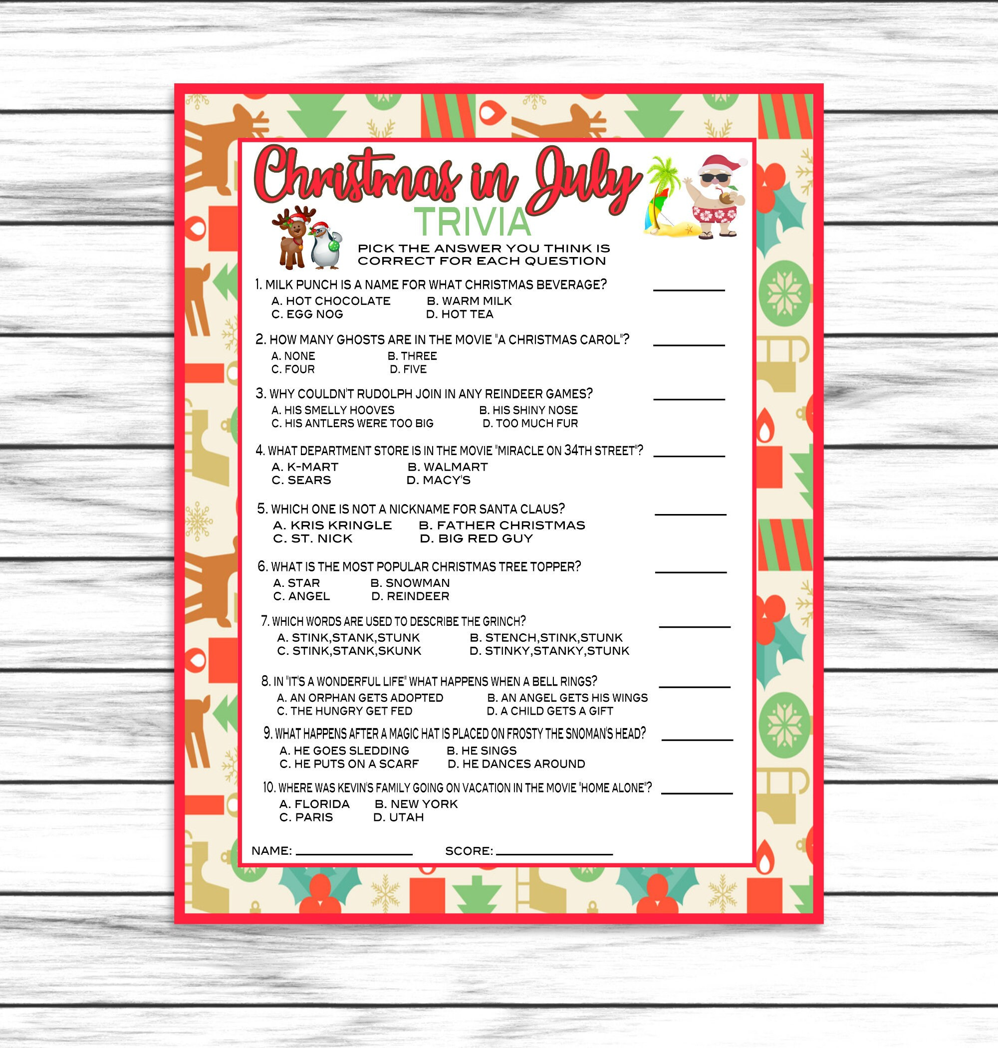 Christmas In July Trivia Game Party Game Favors Decor Etsy
