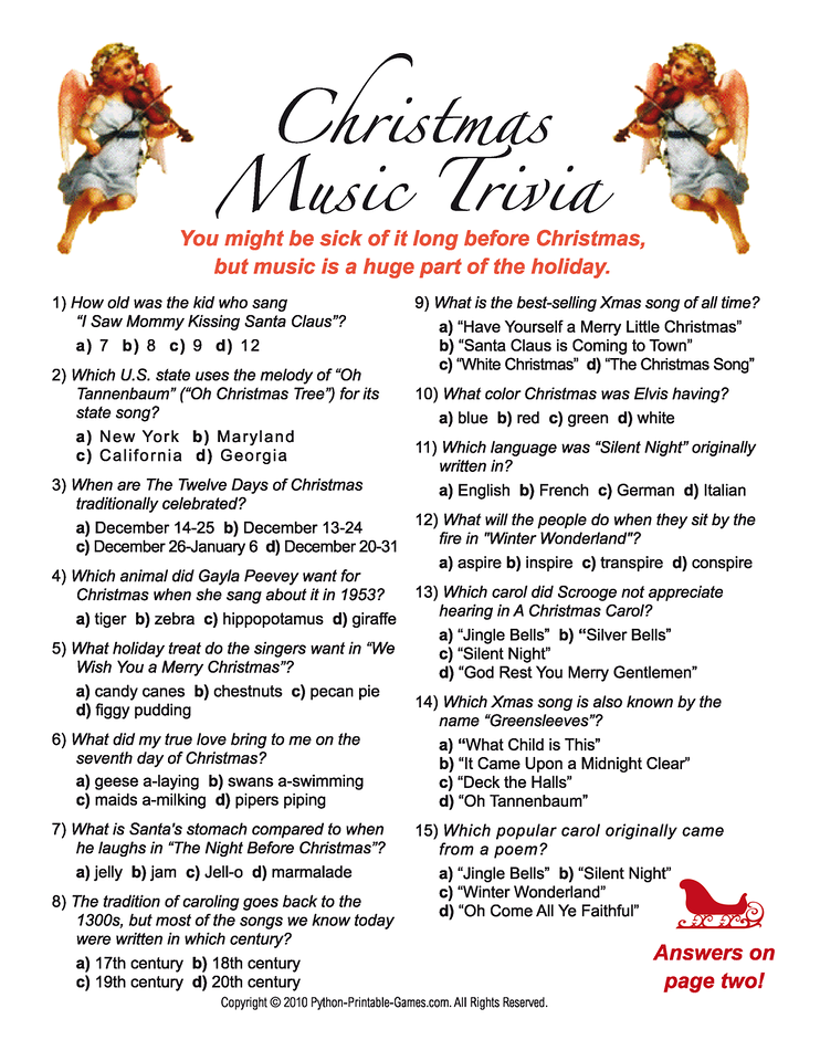 Christmas Music Trivia Printable Game Christmas Trivia Christmas 