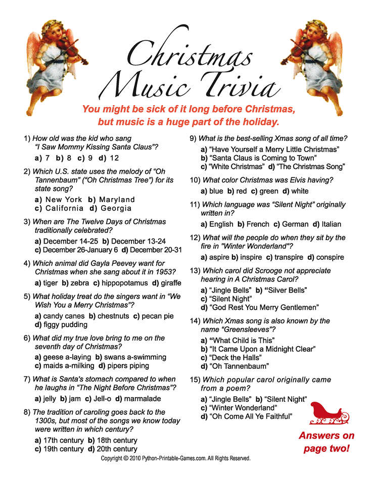 Christmas Music Trivia Printable Game Christmas Trivia Printable 