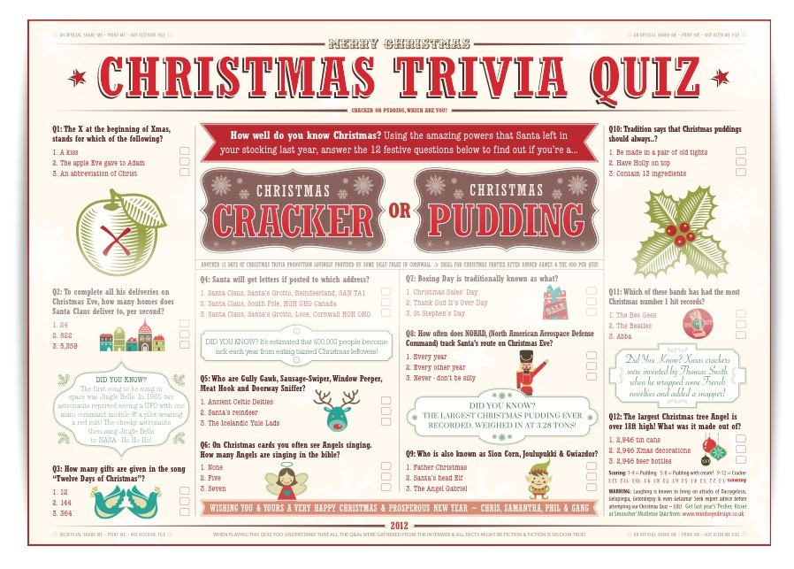 Christmas Trivia Quiz For Christmas Crackers Or Christmas Puddings 