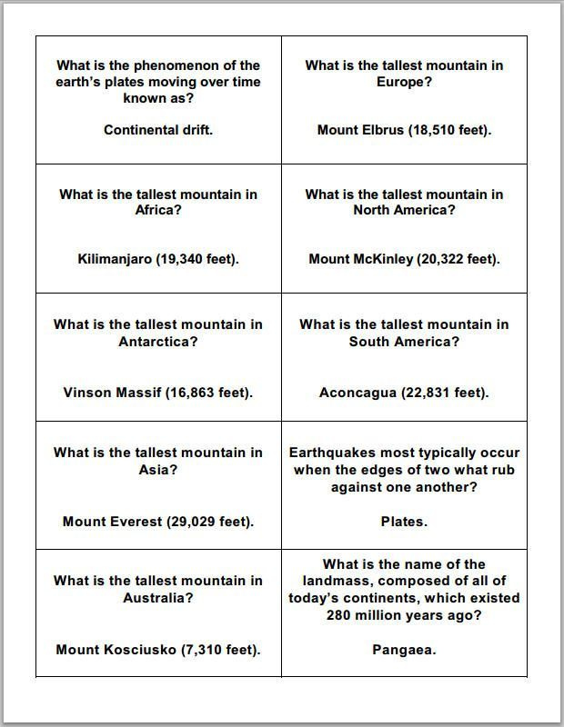 Earth Science And Topography Printable Trivia Game Questions Trivia 