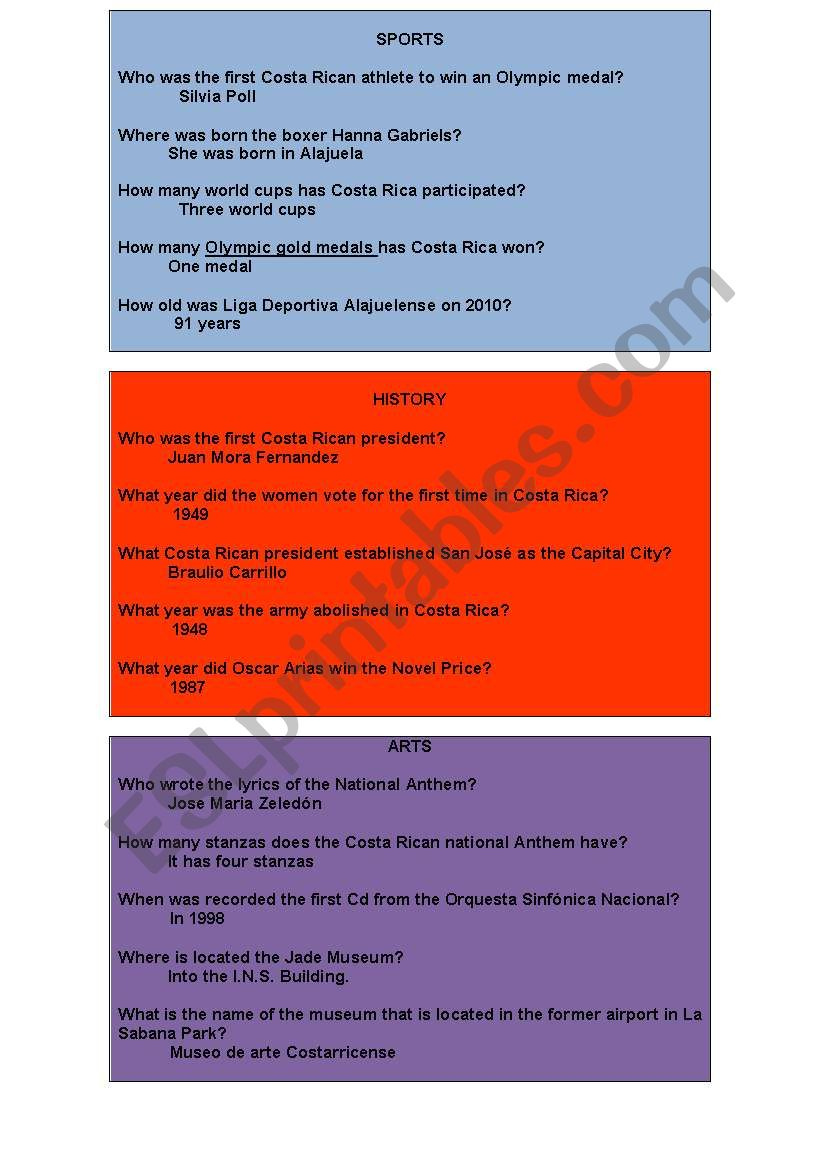 English Worksheets ANSWERS FOR TRIVIAL PURSUIT INSTRUCTIONS