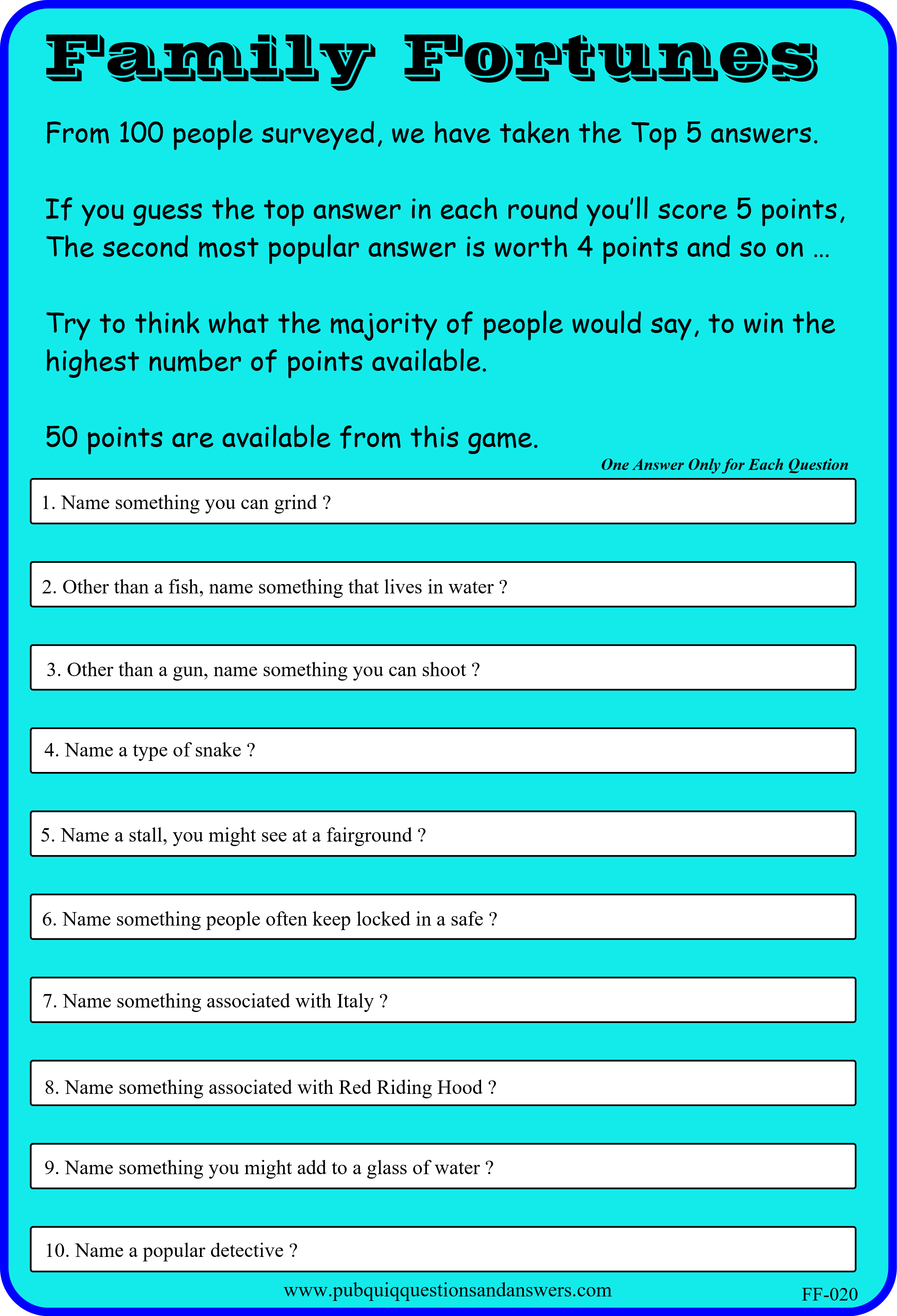 Family Fortunes Quiz 20 Pub Quiz Questions Quiz Questions And 