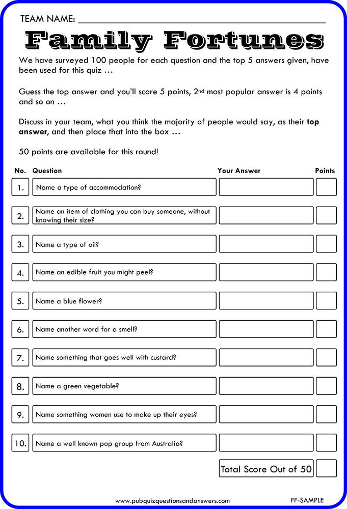 Family Fortunes Quiz Questions And Answers Game Lots To Choose From 