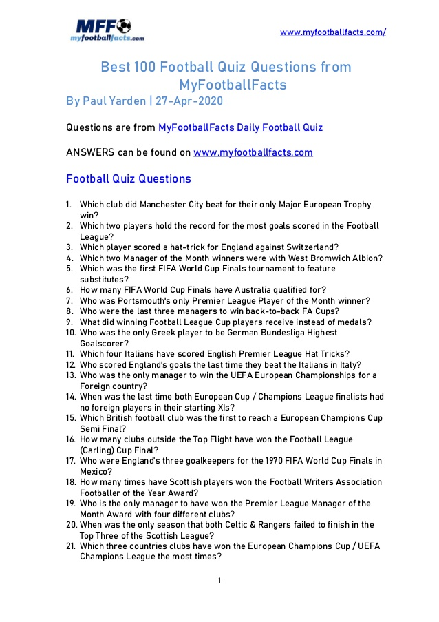 Football Quiz Questions MyFootballFacts Quiz Football Trivia 