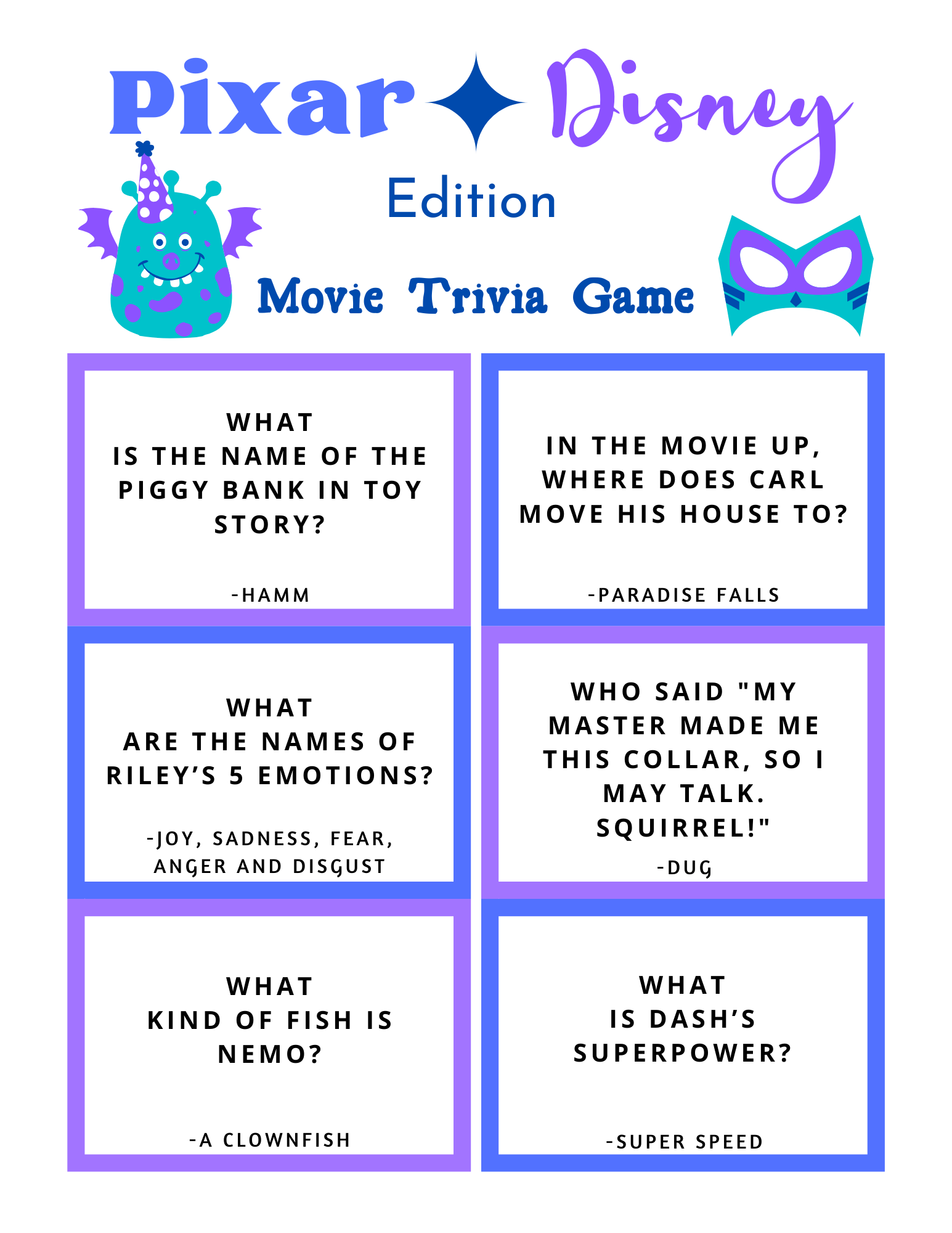 FREE Disney Pixar Trivia Game Printable Disney Trivia Questions 