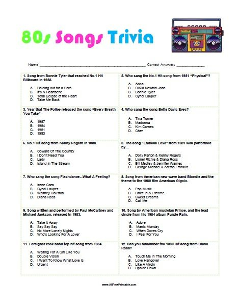 Free Printable 80s Songs Trivia 80s Songs Fun Trivia Questions 