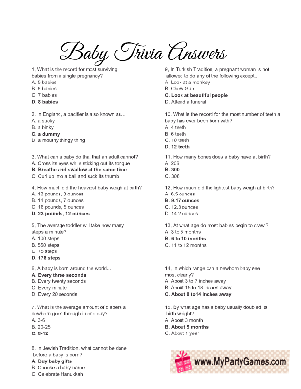 Baby Trivia Questions And Answers Plain Printable